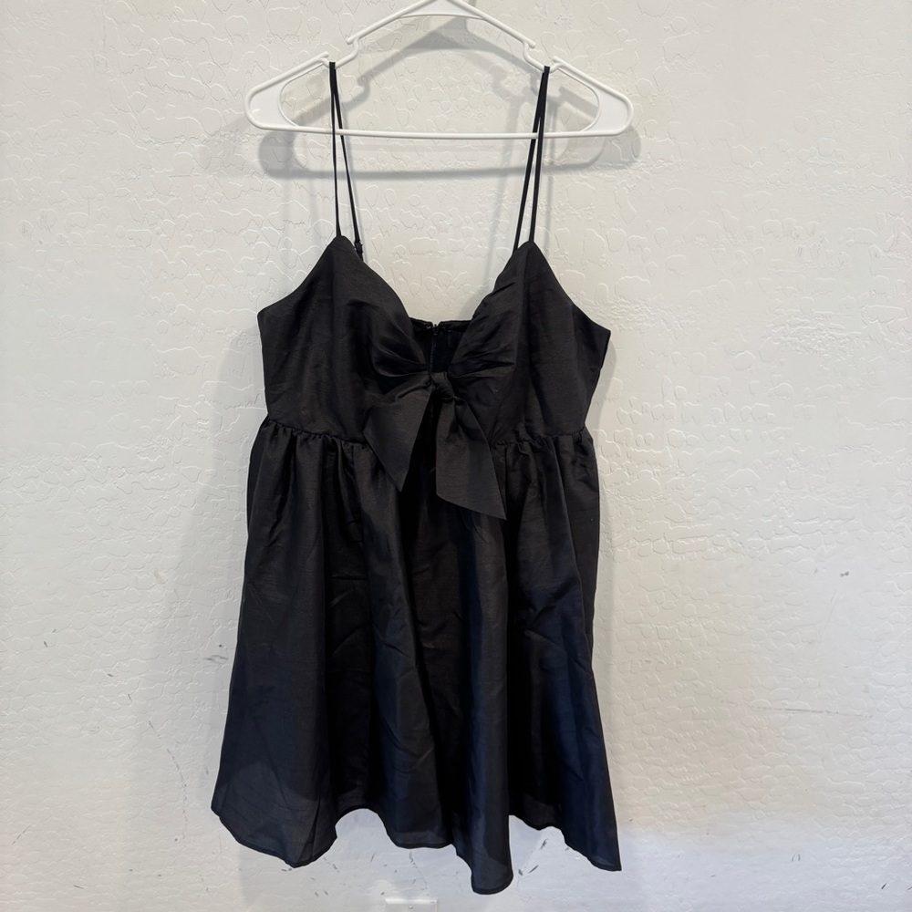 NWT Aakaa Black Babydoll Mini Dress XL Shiny Black Bow A-Line Cocktail Goth